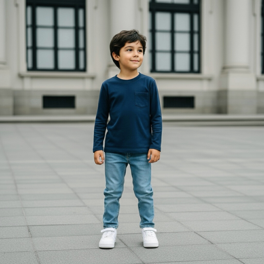 Polo Niño Básico Azul - Bolsillo (100% algodón)