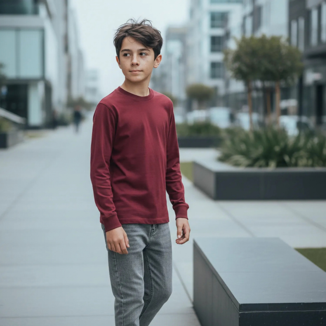 polo basico rojo vino niño algodon manga larga 2