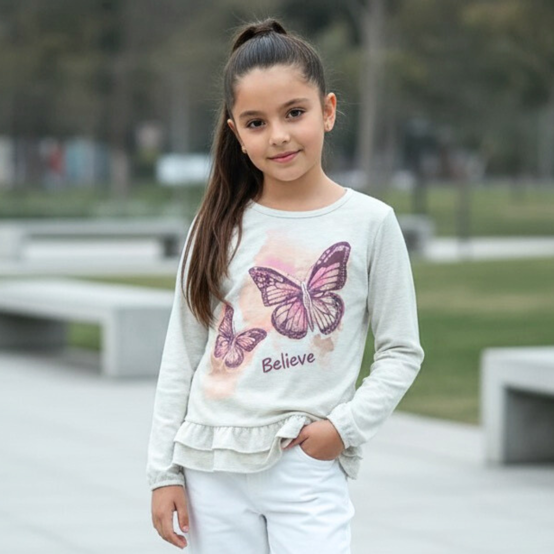 Polo Niña "Believe" Melange Ivory (100% algodón)