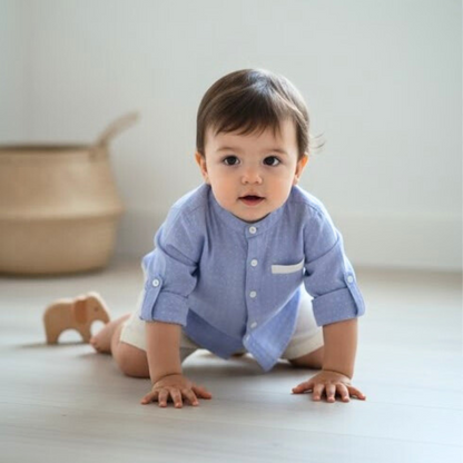 Camisa Bebé Niño Celeste Manga Larga (Cuello Mao)