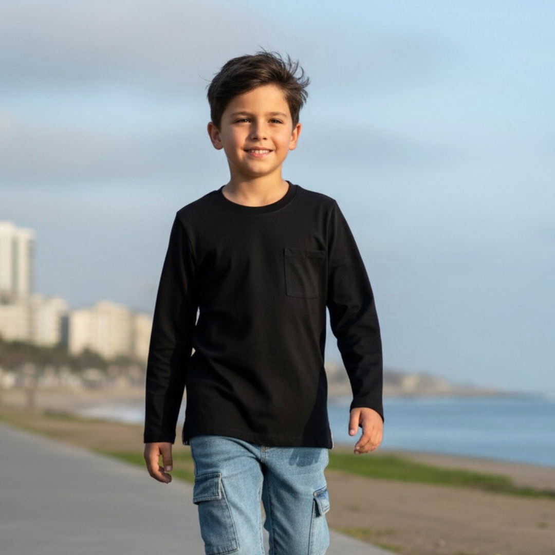 Polo Niño Básico Negro - bolsillo (100% Algodón)