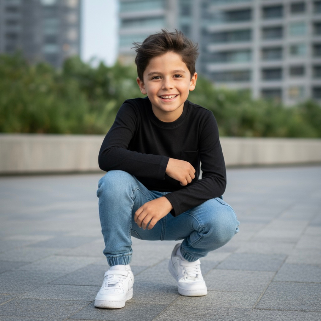 Polo Niño Básico Negro - bolsillo (100% Algodón)