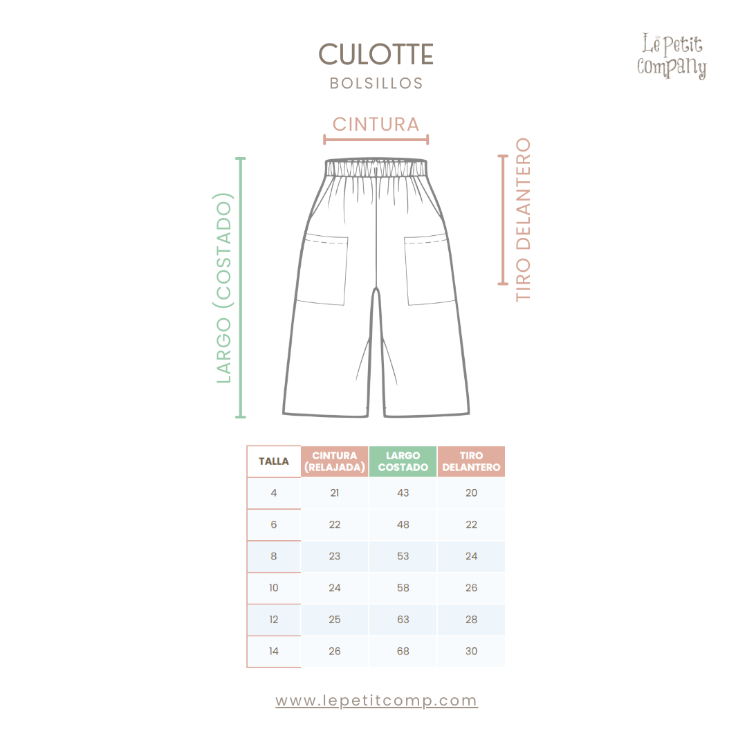 Pantalón Culotte Niña Bolsillos - Azul Cobalto - Medidas - Le Petit Company