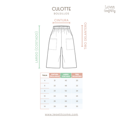 Pantalón Culotte Niña Bolsillos - Azul Cobalto - Medidas - Le Petit Company